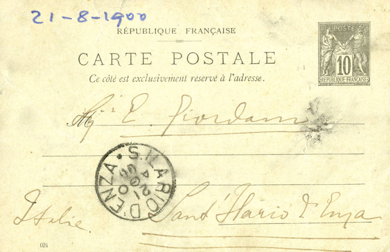 Cartolina di Giulio Cesare Ferrari a Emilia Giordani, Parigi, 19/08/1900 (Aspi, Fondo Ferrari, recto)