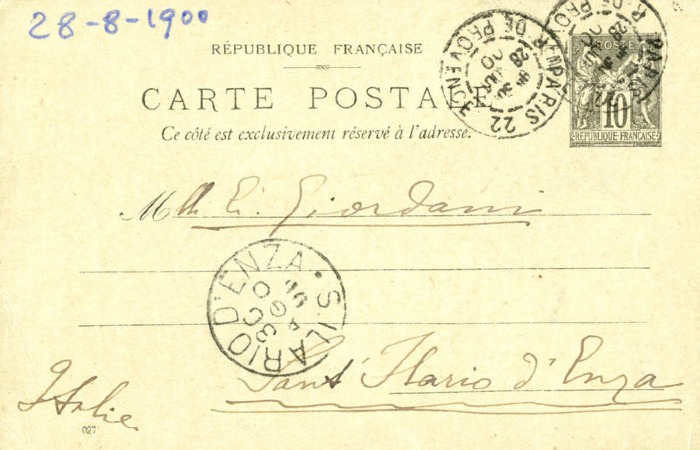 Cartolina di Giulio Cesare Ferrari a Emilia Giordani, Parigi, 28/08/1900 (Aspi, Fondo Ferrari, recto)