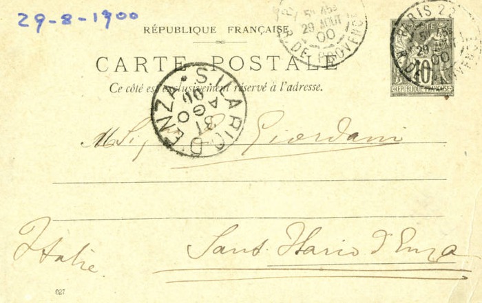 Cartolina di Giulio Cesare Ferrari a Emilia Giordani, Parigi, 29/08/1900 (Aspi, Fondo Ferrari, recto)