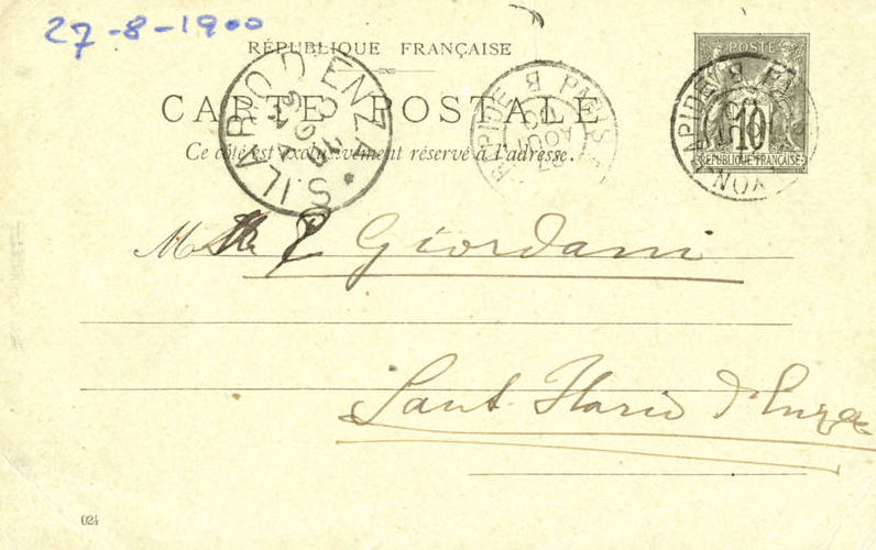 Cartolina di Giulio Cesare Ferrari a Emilia Giordani, Parigi, 27/08/1900 (Aspi, Fondo Ferrari, recto)