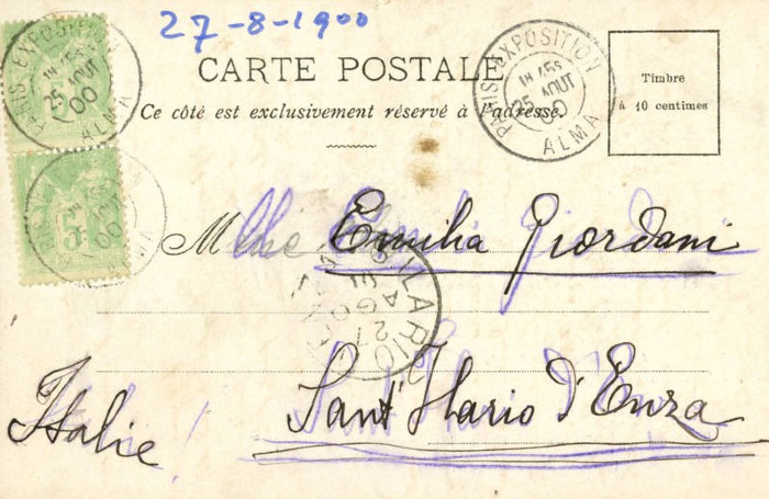 Cartolina di Giulio Cesare Ferrari a Emilia Giordani, Parigi, 25/08/1900 (Aspi, Fondo Ferrari, recto)