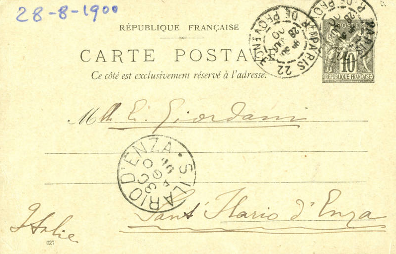Cartolina di Giulio Cesare Ferrari a Emilia Giordani, Parigi, 28/08/1900 (Aspi, Fondo Ferrari, recto)