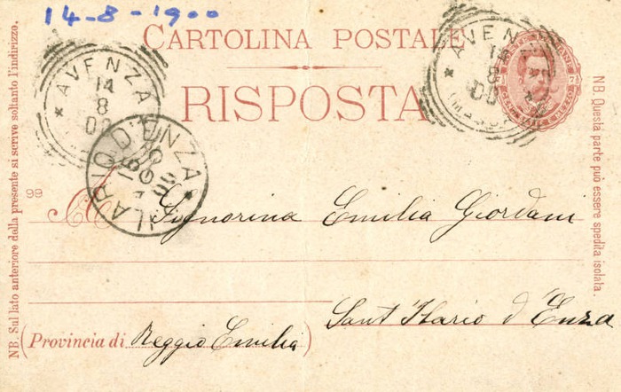 Cartolina di Giulio Cesare Ferrari a Emilia Giordani, Avenza, 14/08/1900 (Aspi, Fondo Ferrari, recto)