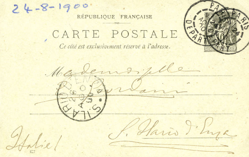 Cartolina di Giulio Cesare Ferrari a Emilia Giordani, Parigi, 24/08/1900 (Aspi, Fondo Ferrari, recto)