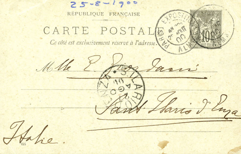 Cartolina di Giulio Cesare Ferrari a Emilia Giordani, Parigi, 25/08/1900 (Aspi, Fondo Ferrari, recto)
