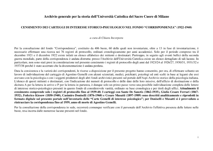 Censimento dei carteggi di interesse storico-psicologico nel Fondo Corrispondenza (1922-1940)