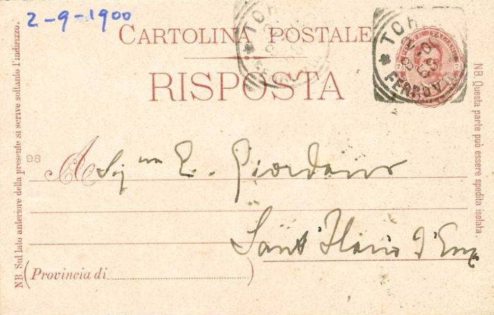 Cartolina di Giulio Cesare Ferrari a Emilia Giordani, Torino, 02/09/1900 (Aspi, Fondo Ferrari, recto)